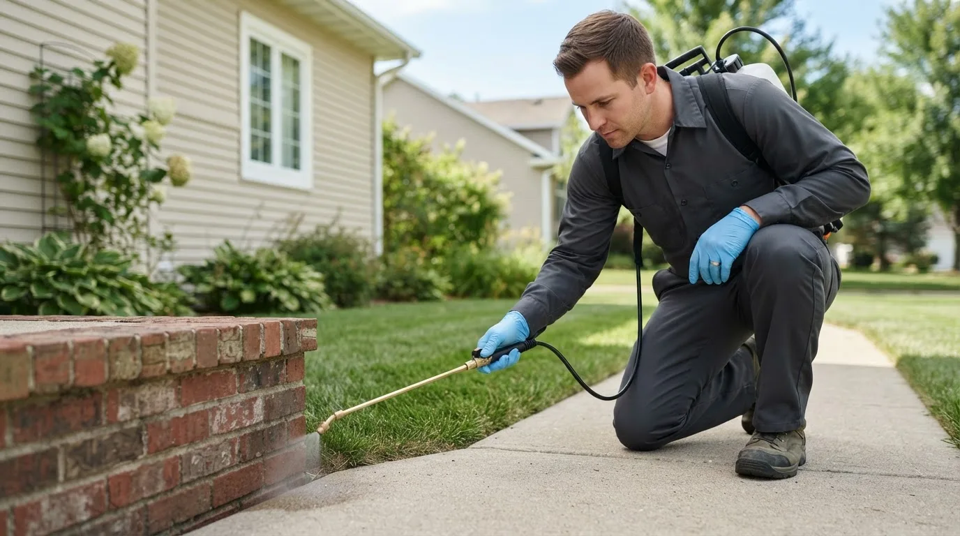 Pest control technician treating a home near Lithopolis, OH
