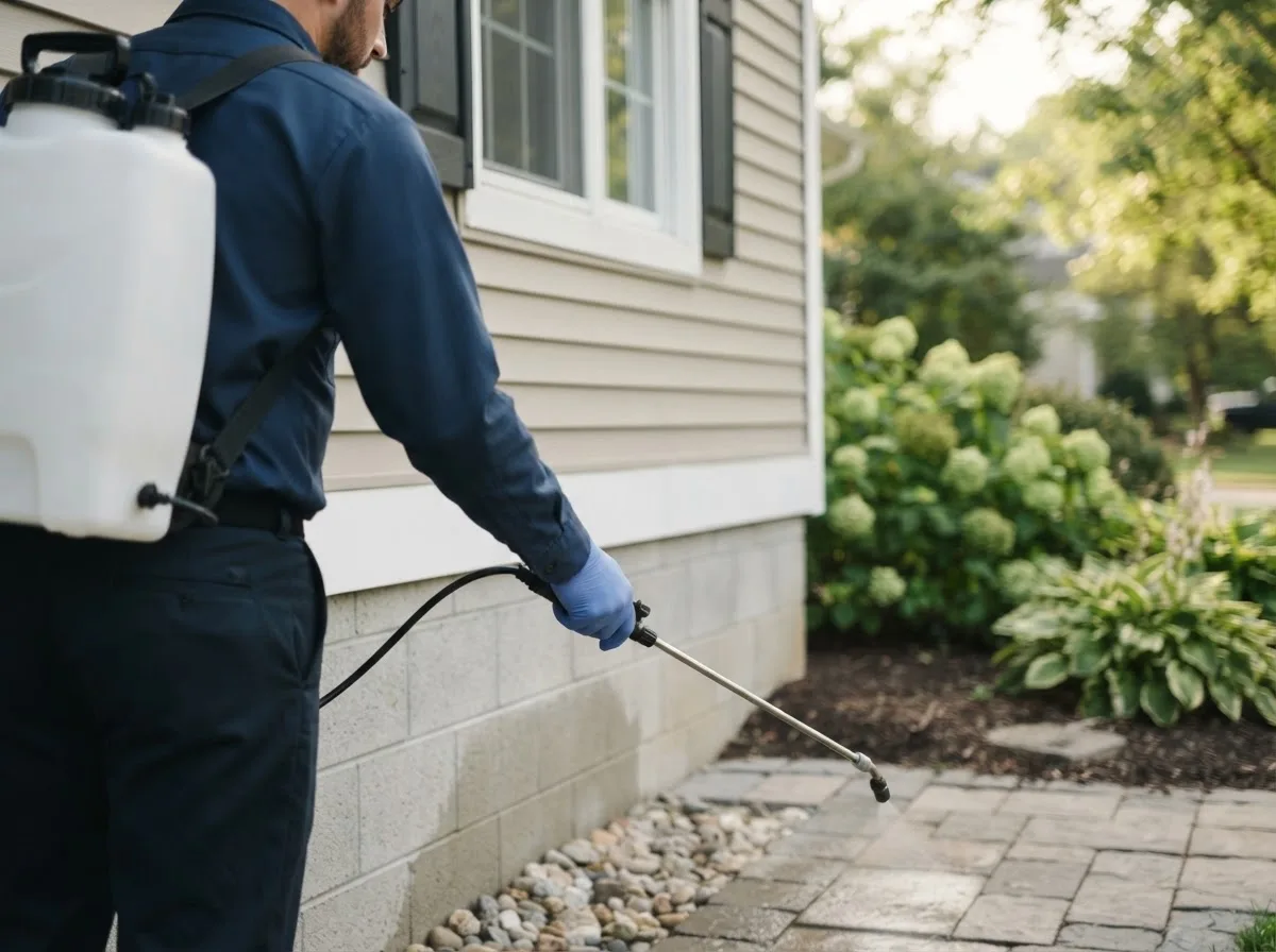 Pest control technician inspecting a home in Lithopolis, OH